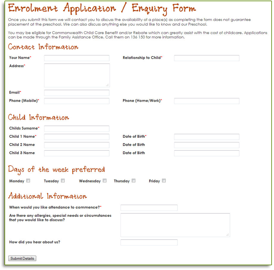 child care enrollment form template childcare websites australia child care centre website child care enrollment form template childcare websites australia child care centre website